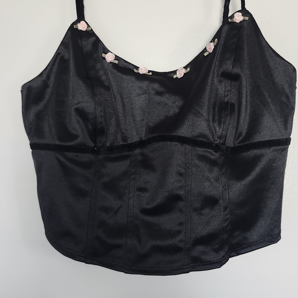 Wild Fable Black Satin Top with Pink Floral Accents